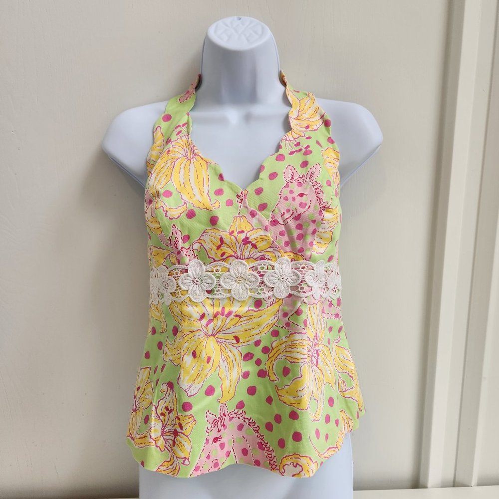 Lilly Pulitzer Halter Top Tank Womens 10 Vintage White Label Fillies Lillies